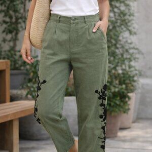 Zara Olive Green Floral Embroidered Cropped Pants Women’s 6 High Rise